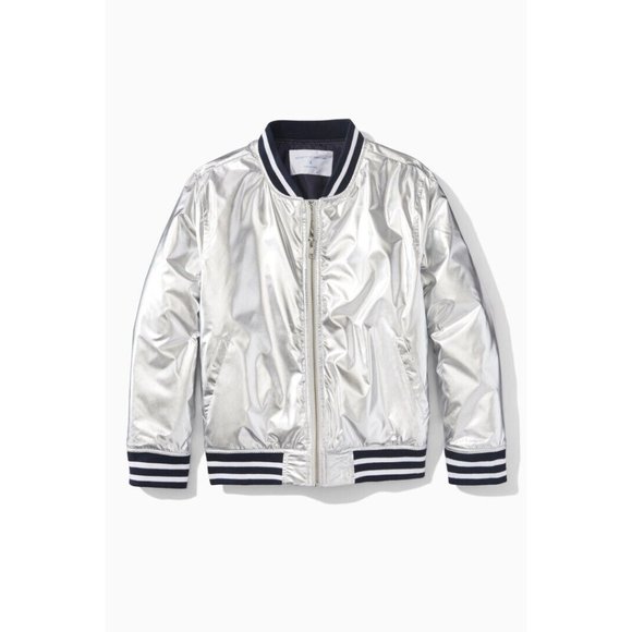 🚀 Rockets Of Awesome Metallic Silver Bomber Jacket Navy Blue White Stripes (L) - Picture 2 of 7